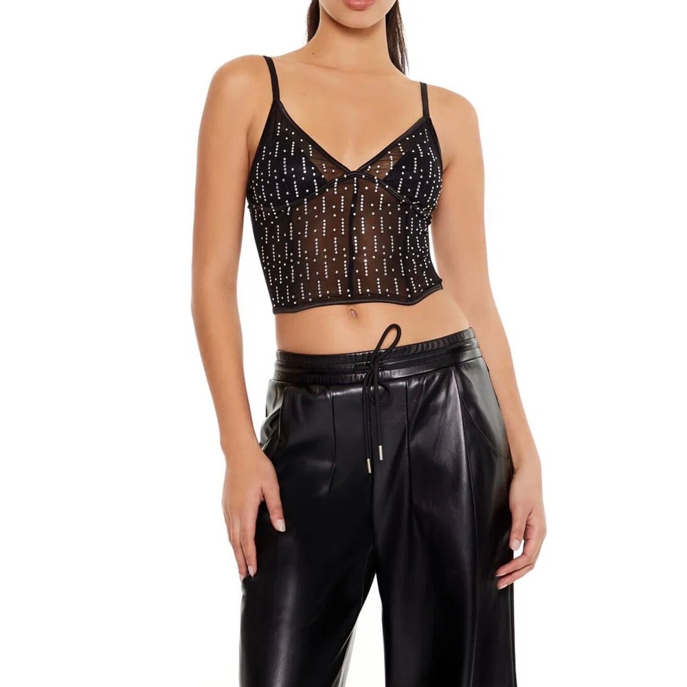 Forever‎ 21 Womens Black Sheer Mesh Rhinestone Corset Bustier Crop Top V-Neck